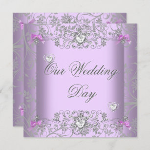 Lilac Damask Wedding Silver Diamond Hearts Invitation