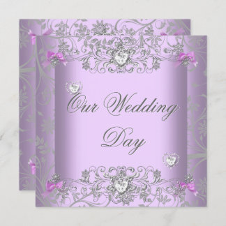 Lilac Damask Wedding Silver Diamond Hearts Invitation