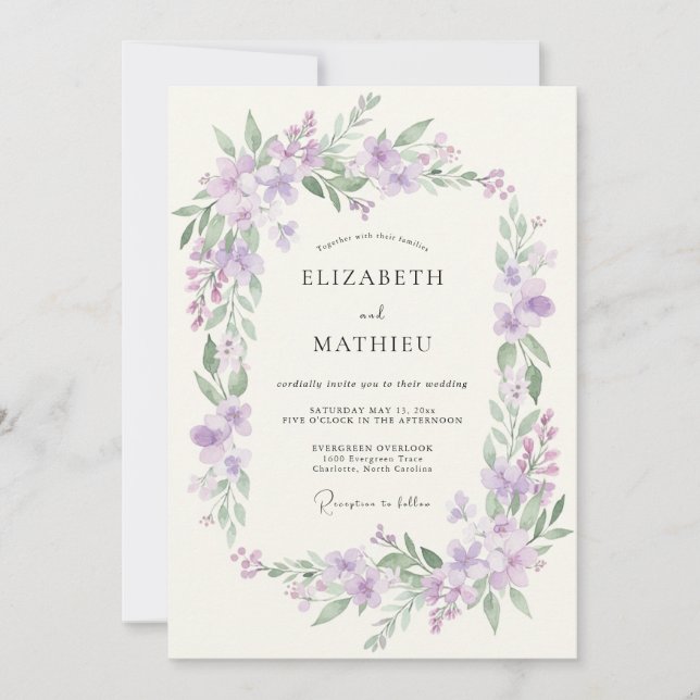 Lilac Delicate Wreath Wedding Invitation (Front)