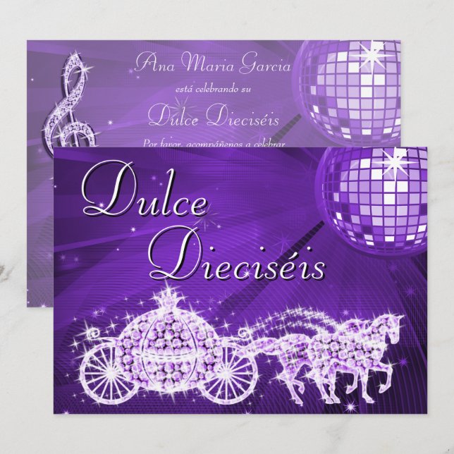 Lilac Disco Ball, Princess Coach & Horses Sweet 16 Invitation (Front/Back)