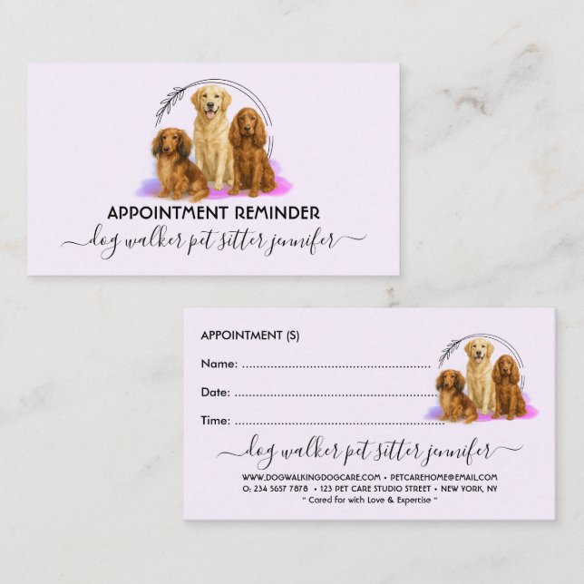 lilac Dog Breeds Vet Pet Care Script Appointment Business Card (Front/Back)