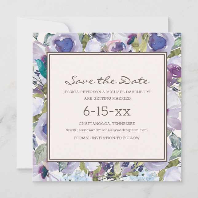 Lilac Dusty Blue Boho Floral Wedding Save Date (Front)