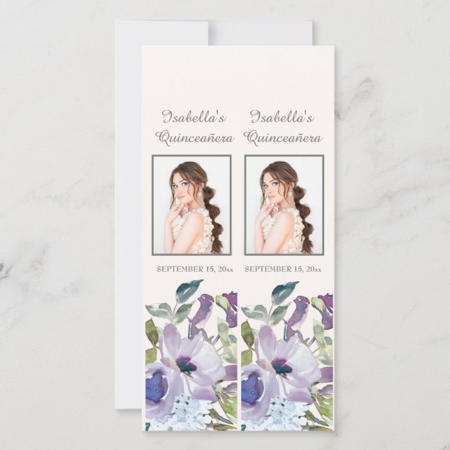 Lilac Dusty Blue Floral Quinceañera Bookmarks Holiday Card (Front)