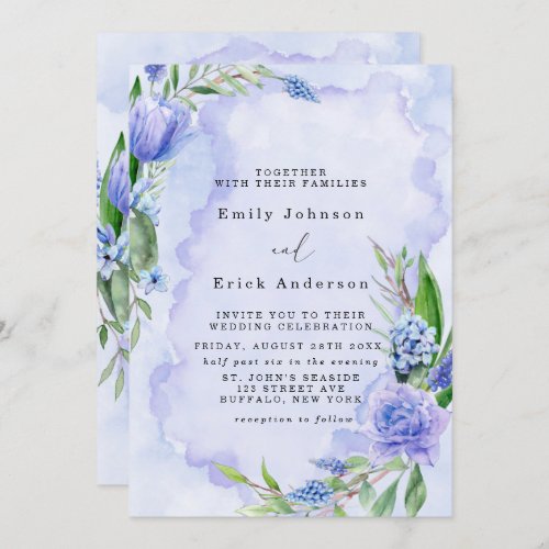 Lilac Dusty Blue Tulip Peony Hyacinth Wedding Invitation