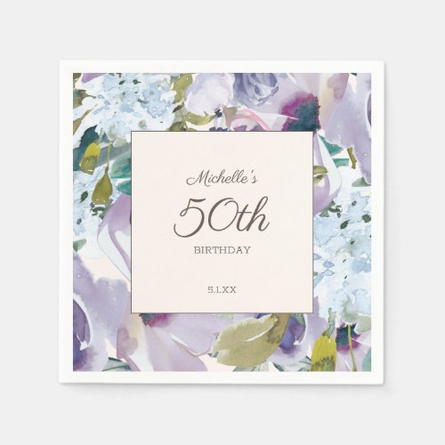 Lilac Dusty Blue Watercolor Floral 50th Birthday Napkins