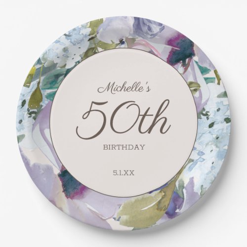 Lilac Dusty Blue Watercolor Floral 50th Birthday Paper Plates