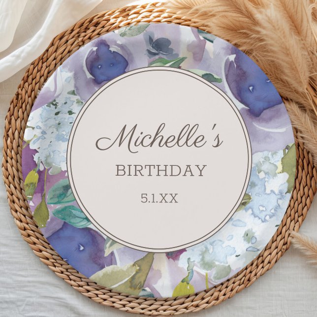 Lilac Dusty Blue Watercolor Floral Birthday Paper Plates (Elegant purple watercolor floral women's birthday party paper plates personalized with your own text)