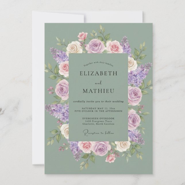 Lilac Dusty Mint Wreath Wedding Invitation (Front)