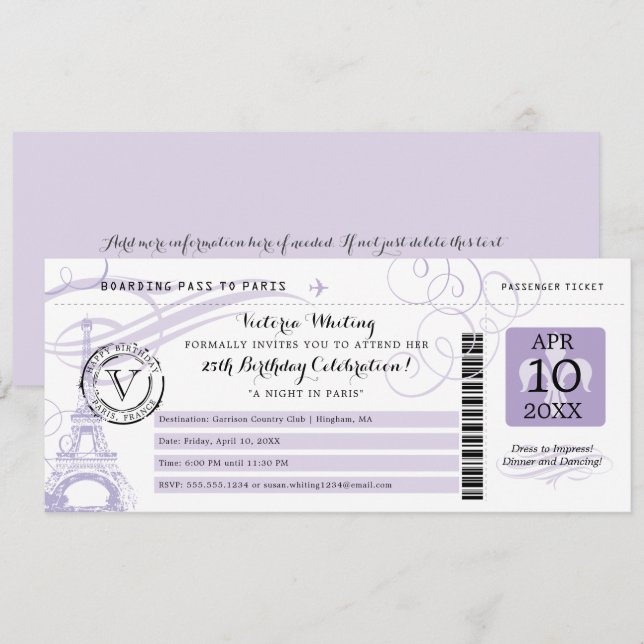 Lilac Eiffel Tower Night in Paris Birthday Party Invitation (Front/Back)