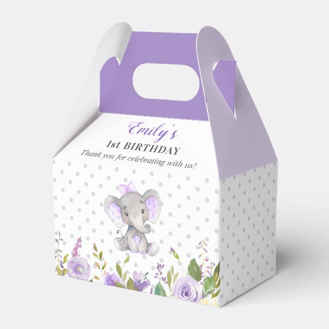 Lilac Elephant First Birthday Party Little Peanut Favor Boxes (Front Side)