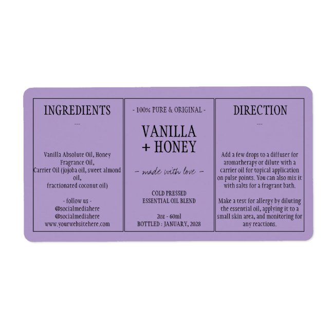 Lilac Essential Oil Cosmetic Bottle Wrap Around Label (Front)