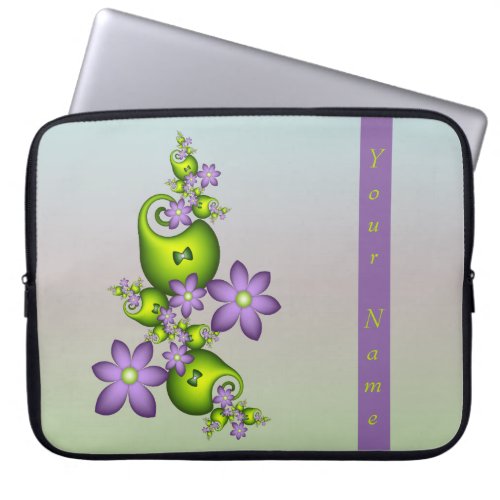 Lilac Fantasy Flowers Green Shapes Fractal Name Laptop Sleeve