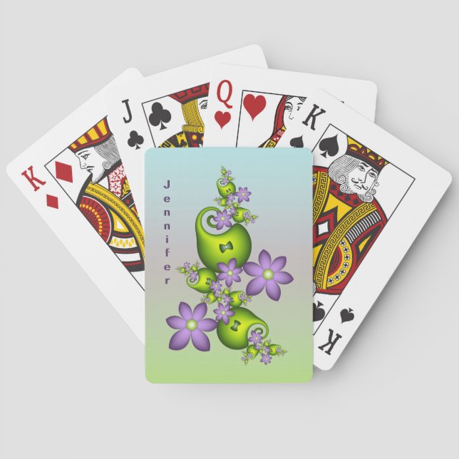Lilac Fantasy Flowers Green Shapes Fractal Name Poker Cards (Back)