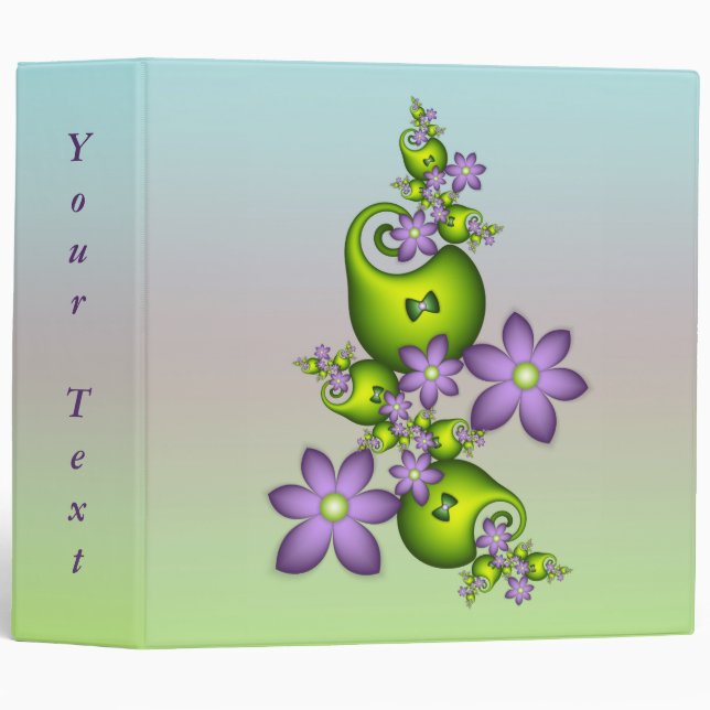 Lilac Fantasy Flowers Green Shapes Fractal Text 3 Ring Binder (Front/Spine)