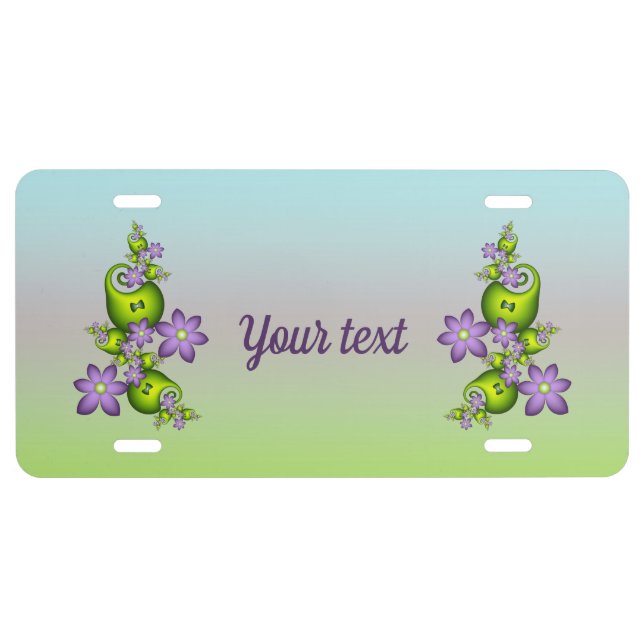 Lilac Fantasy Flowers Green Shapes Fractal Text License Plate (Front)