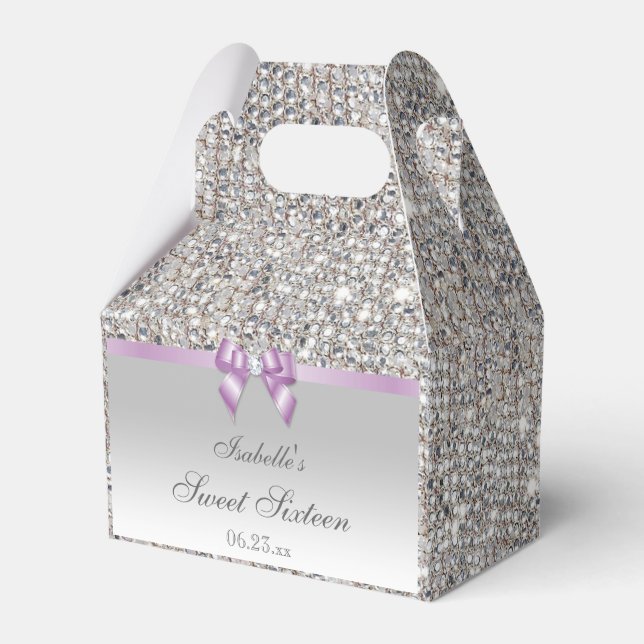 Lilac Faux Bow Silver Sequins Sweet 16 Favor Boxes (Front Side)