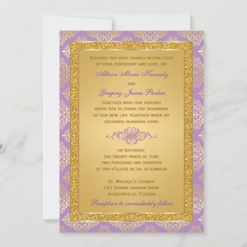 Lilac FAUX Glitter Damask Wedding Invitation