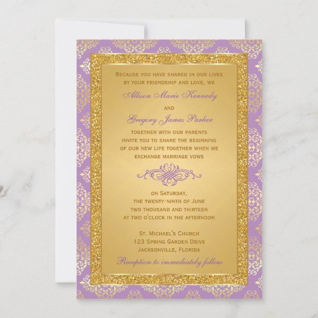 Lilac, FAUX Glitter, Damask Wedding Invitation (Front)