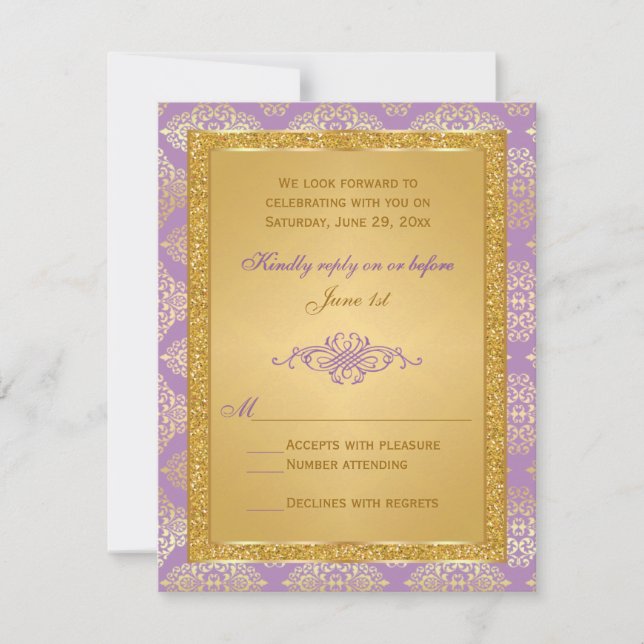 Lilac, FAUX Gold Glitter, Damask Scroll RSVP Card (Front)