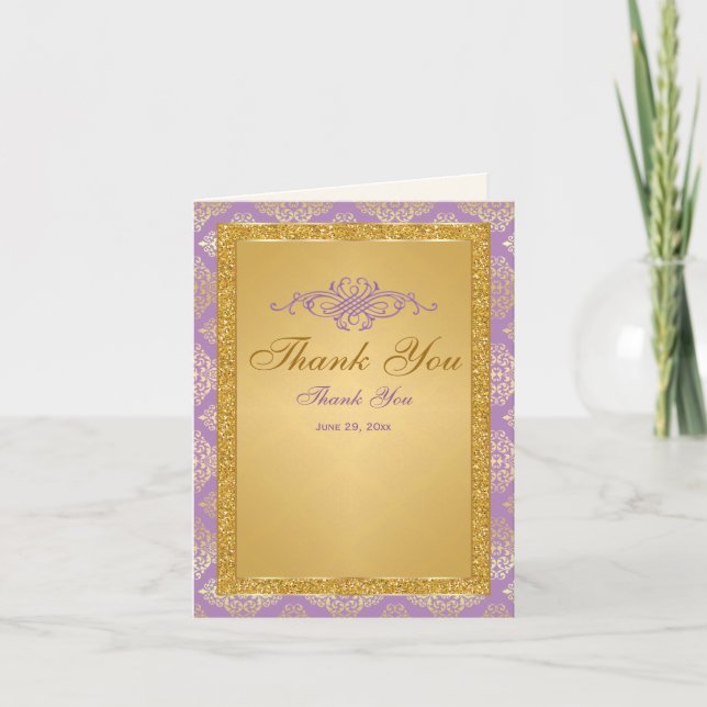 Lilac, FAUX Gold Glitter, Damask Thank You Card (Front)