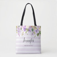 Lilac Floral and Stripes Bridesmaid Monogram Tote Bag