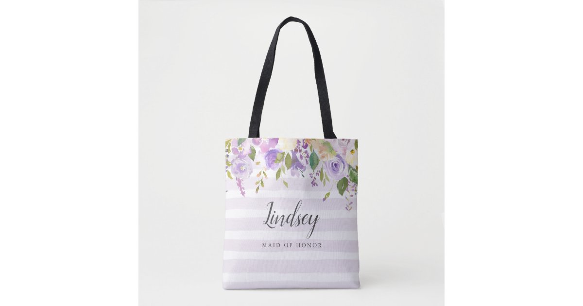 Lilac Floral And Stripes Maid Of Honor Monogram Tote Bag Zazzle