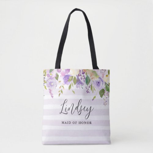 Lilac Floral and Stripes Maid of Honor Monogram Tote Bag