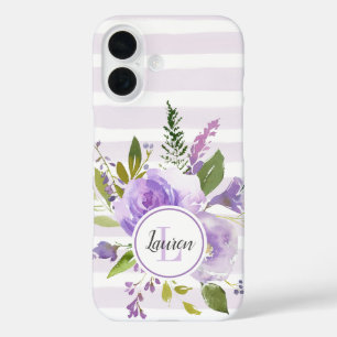 Lilac Floral and Stripes Monogram iPhone 16 Case