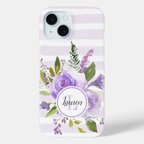 Lilac Floral and Stripes Monogram iPhone 15 Case