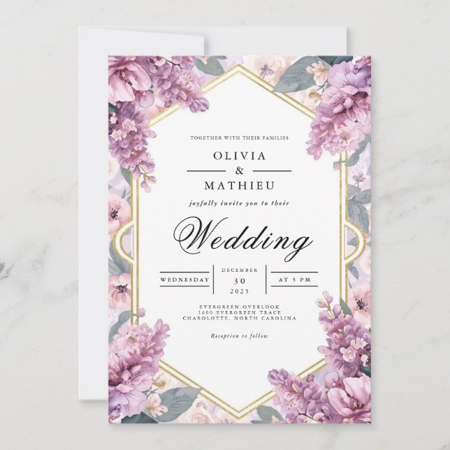 Lilac Floral Archway Wedding Invitation (Front)