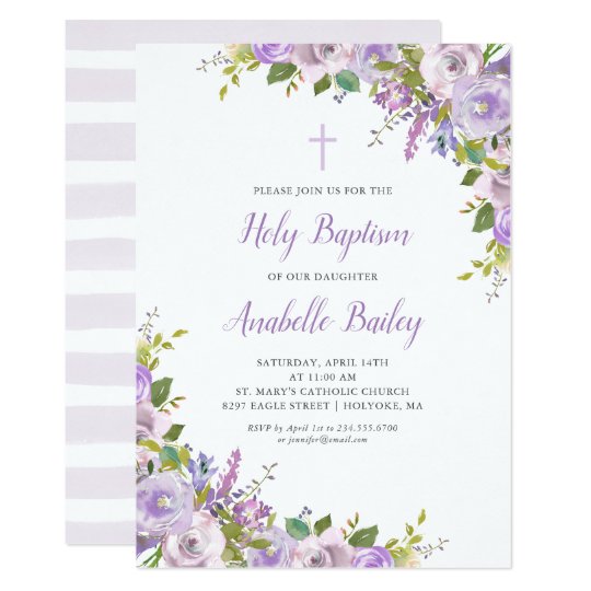 Lilac Floral Baby Girl Baptism Invitation | Zazzle.com