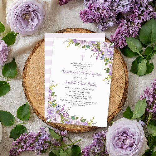 Lilac Floral Baby Girl Baptism Invitation