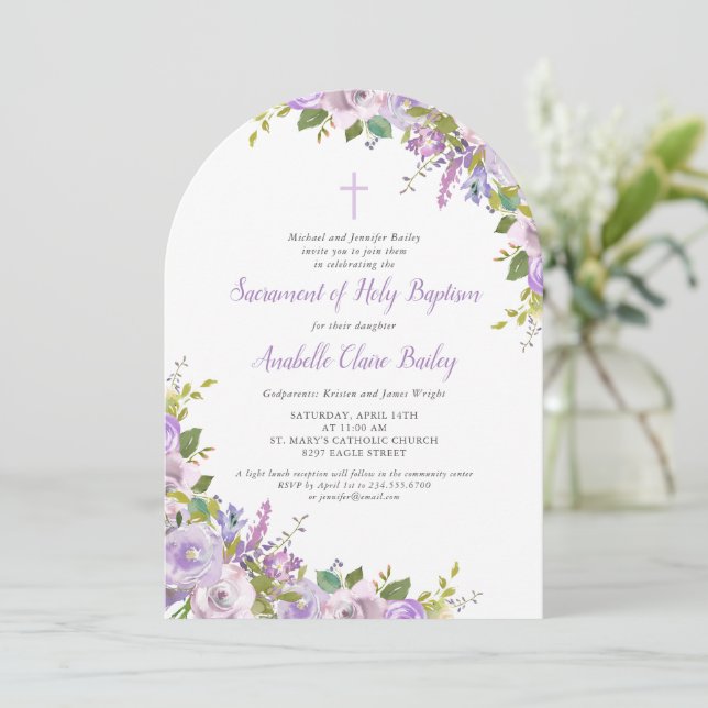 Lilac Floral Baby Girl Baptism Invitation (Standing Front)