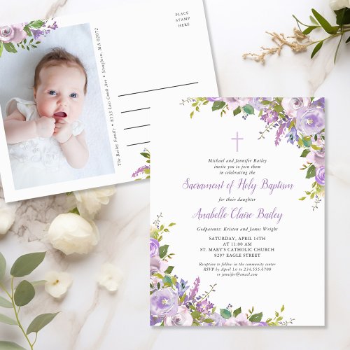 Lilac Floral Baby Girl Baptism Invitation Postcard