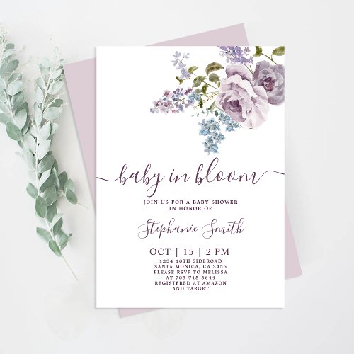 Lilac Floral Baby in Bloom Baby Shower Girl Invitation