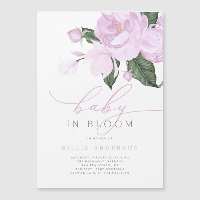 Lilac Floral Baby in Bloom Shower Girl Magnetic Invitation (Front)