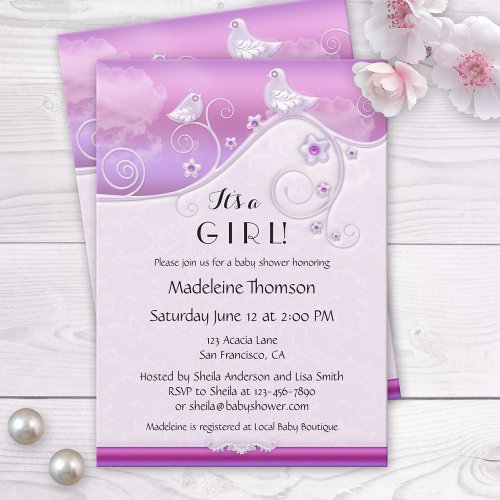 Lilac Floral Bird Baby Shower Invitation