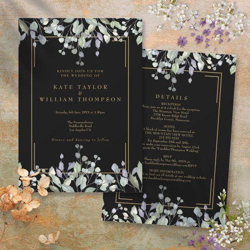 Lilac Floral Black And Gold All In One Wedding Invitation