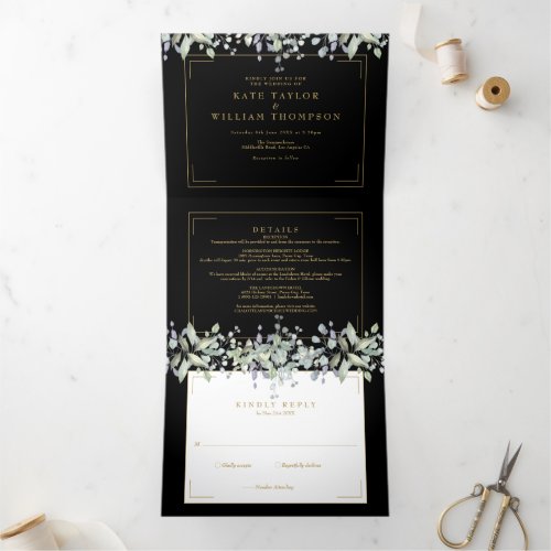 Lilac Floral Black And Gold Monogram Photo Wedding Tri_Fold Invitation