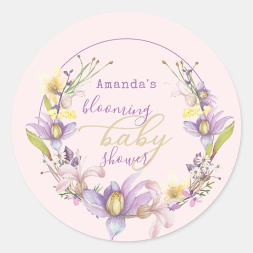 Lilac Floral Blooming Baby Shower  Classic Round Sticker
