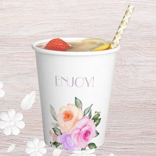 Lilac Floral Blush Pink Peach Roses Bridal Shower Paper Cups