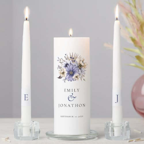 Lilac Floral Bouquet Names Date Initials Wedding Unity Candle Set