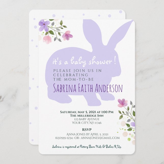 Lilac Floral Bunny Baby Shower Invitation (Front/Back)