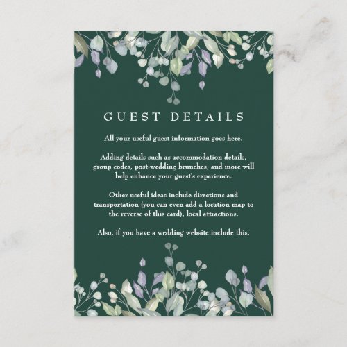 Lilac Floral Emerald Guest Information Details Enclosure Card