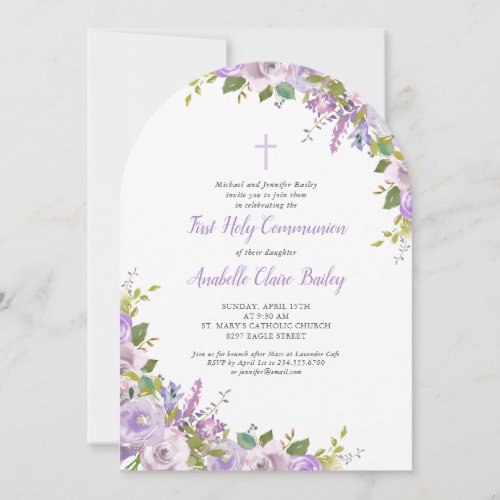Lilac Floral First Communion Invitation