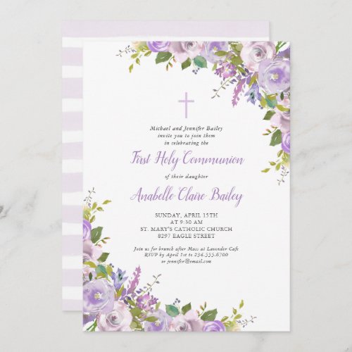 Lilac Floral First Communion Invitation