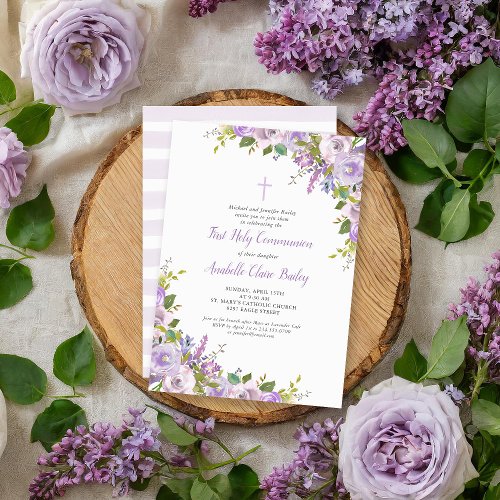 Lilac Floral First Communion Invitation