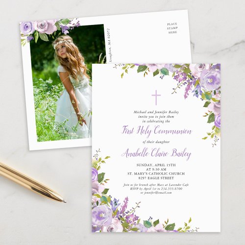Lilac Floral First Communion Invitation Postcard