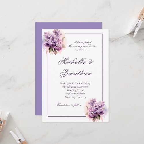 Lilac Floral Frame Bible Verse Christian Wedding Invitation