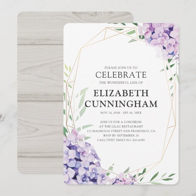 Lilac Floral Geometric Celebration Of Life Invitation (Front/Back)